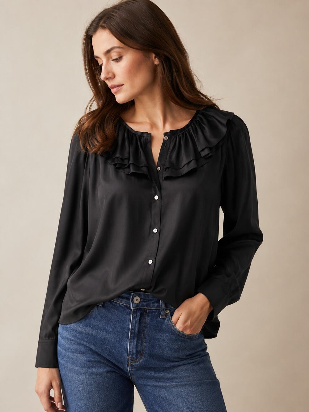 J.Crew Collection SZ XS Black Silk Twill Ruffle-Collar Top NWT